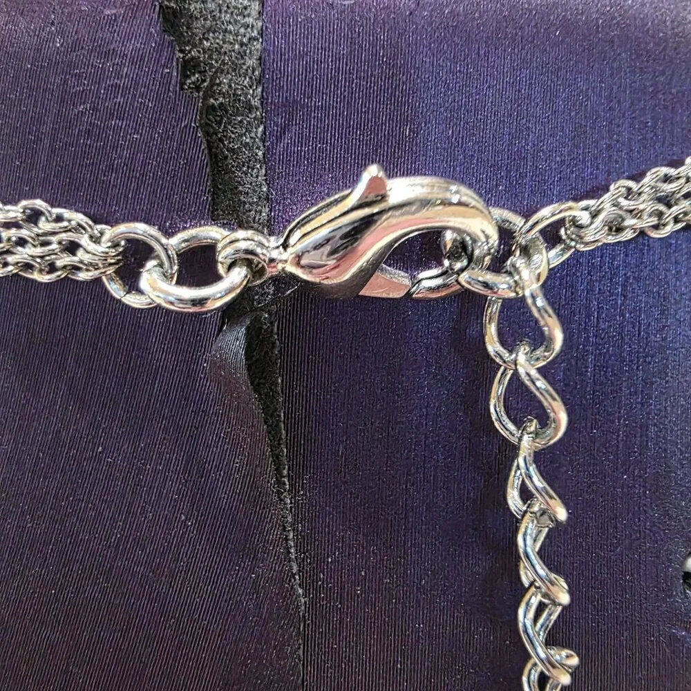 Vintage Transluscent Rectangle Silver Frame Triple Chain Necklace Near Mint